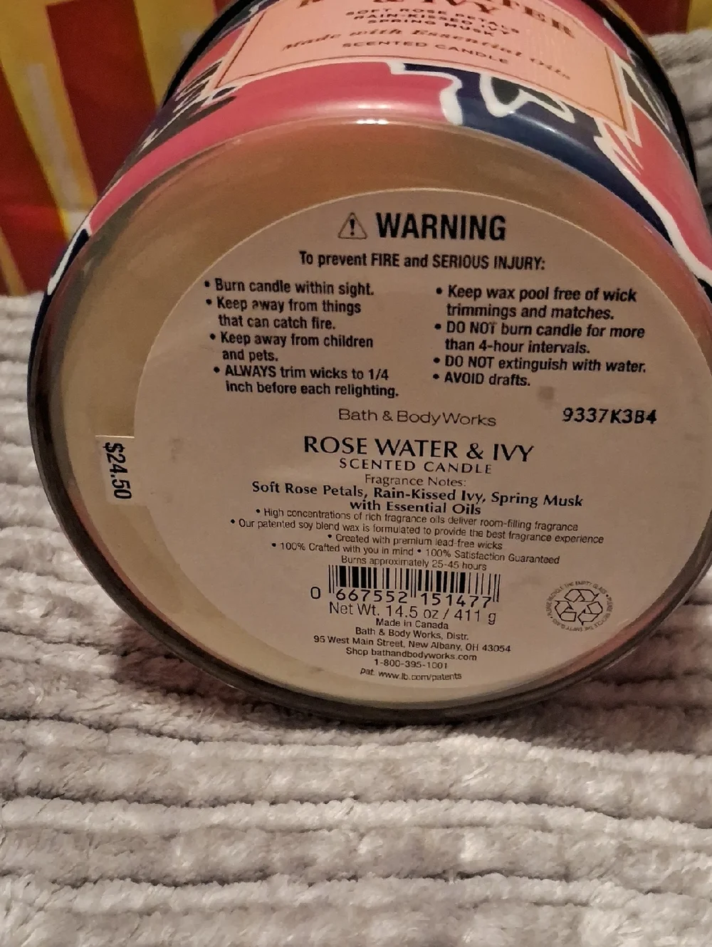 Bath & Body Works Rose Water & Ivy Candle - Pink, Navy & Gold - Picture 2 of 3